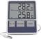 Thermomètre numérique affiche 28,2°C à l'extérieur et 25,8°C à l'intérieur. Touches en dessous : '°C/°F', 'MAX/MIN', 'RESET'. Appareil avec capteur externe.