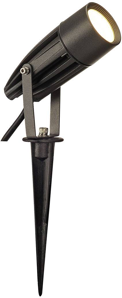 Projecteur d'extérieur noir avec piquet de terre, orienté vers le haut, adapté à l'éclairage de jardins ou de chemins.