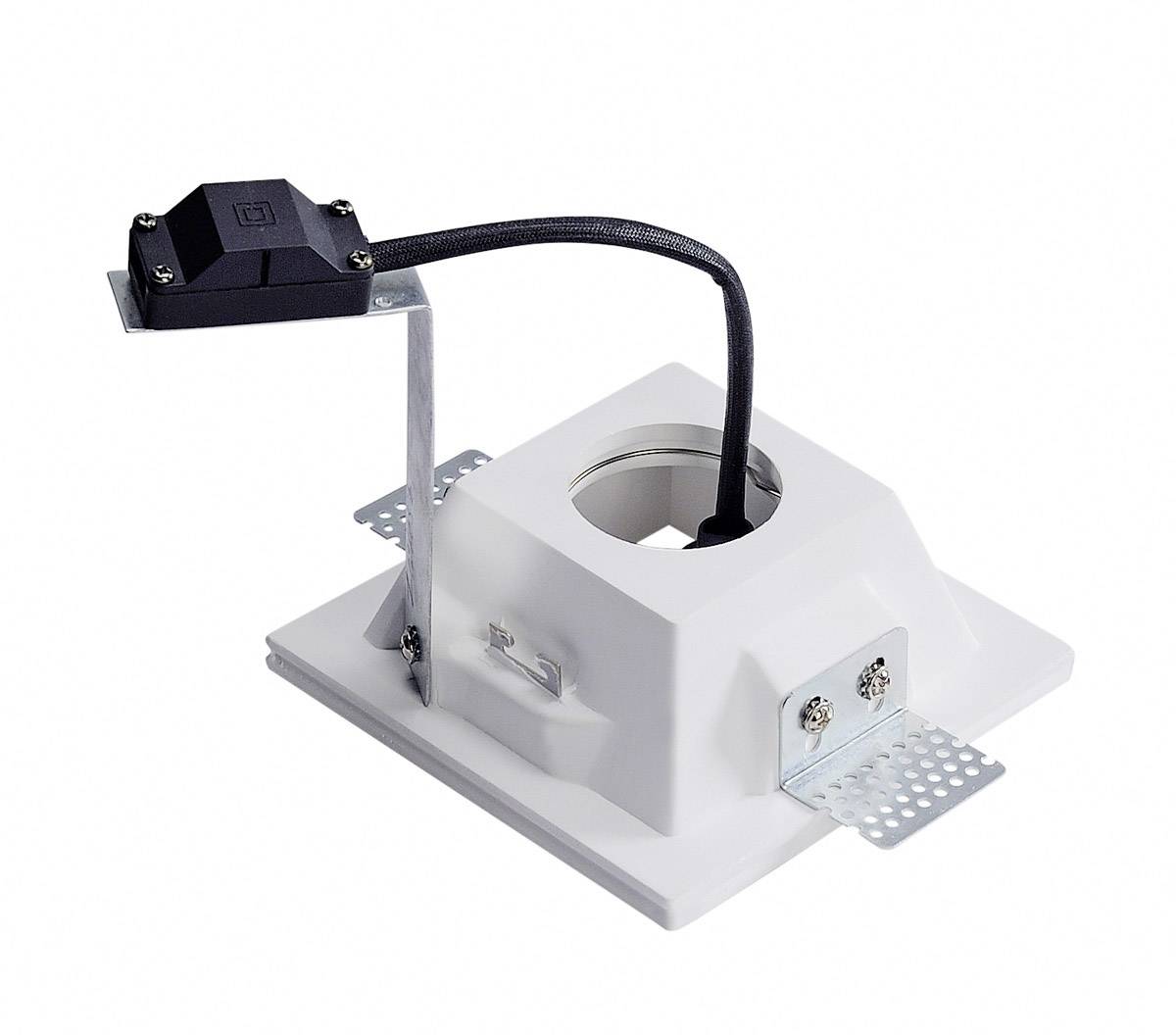 Cadre encastrable pour lampes LED avec connexion de câble et éléments de fixation. Forme rectangulaire avec une ouverture centrale pour l'insertion de la lampe.