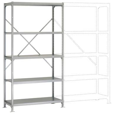 Étagère métallique stable avec quatre tablettes, possibilité d'extension indiquée par des contours dessinés. Adaptée au rangement.