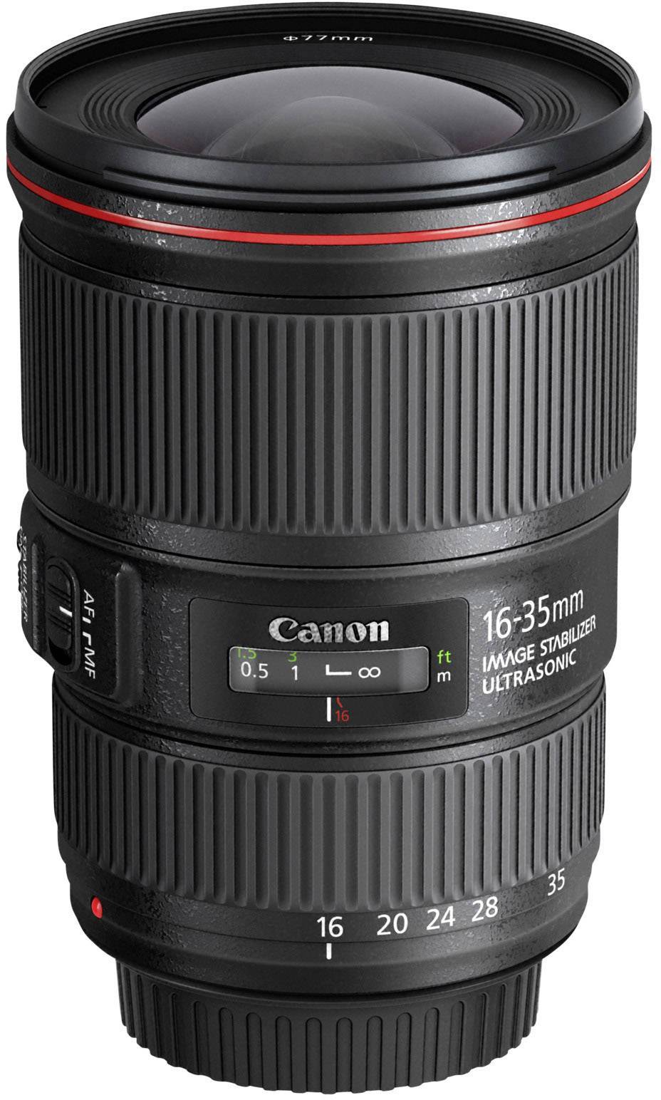 Objectif photographique portant l'inscription « Canon 16-35mm, Stabilisateur d'image, Ultrasonique ».