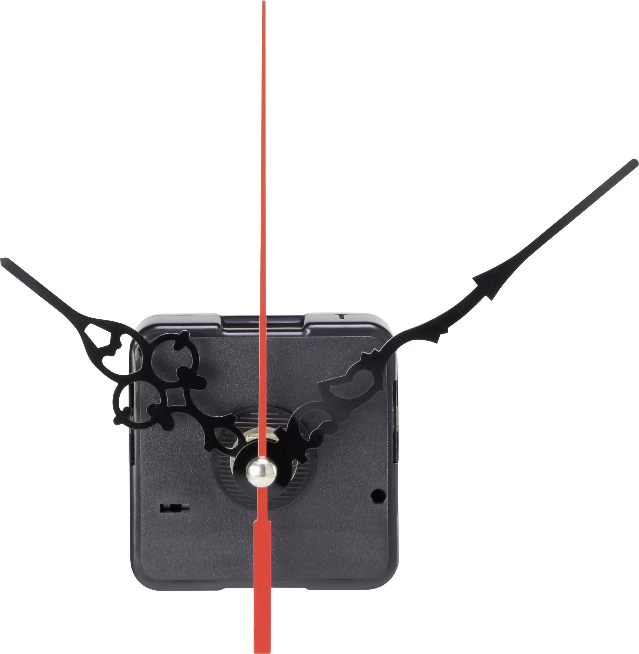 Mécanisme d'horloge noir avec trois aiguilles sur un fond clair. Les aiguilles sont décoratives, l'aiguille des secondes est rouge.