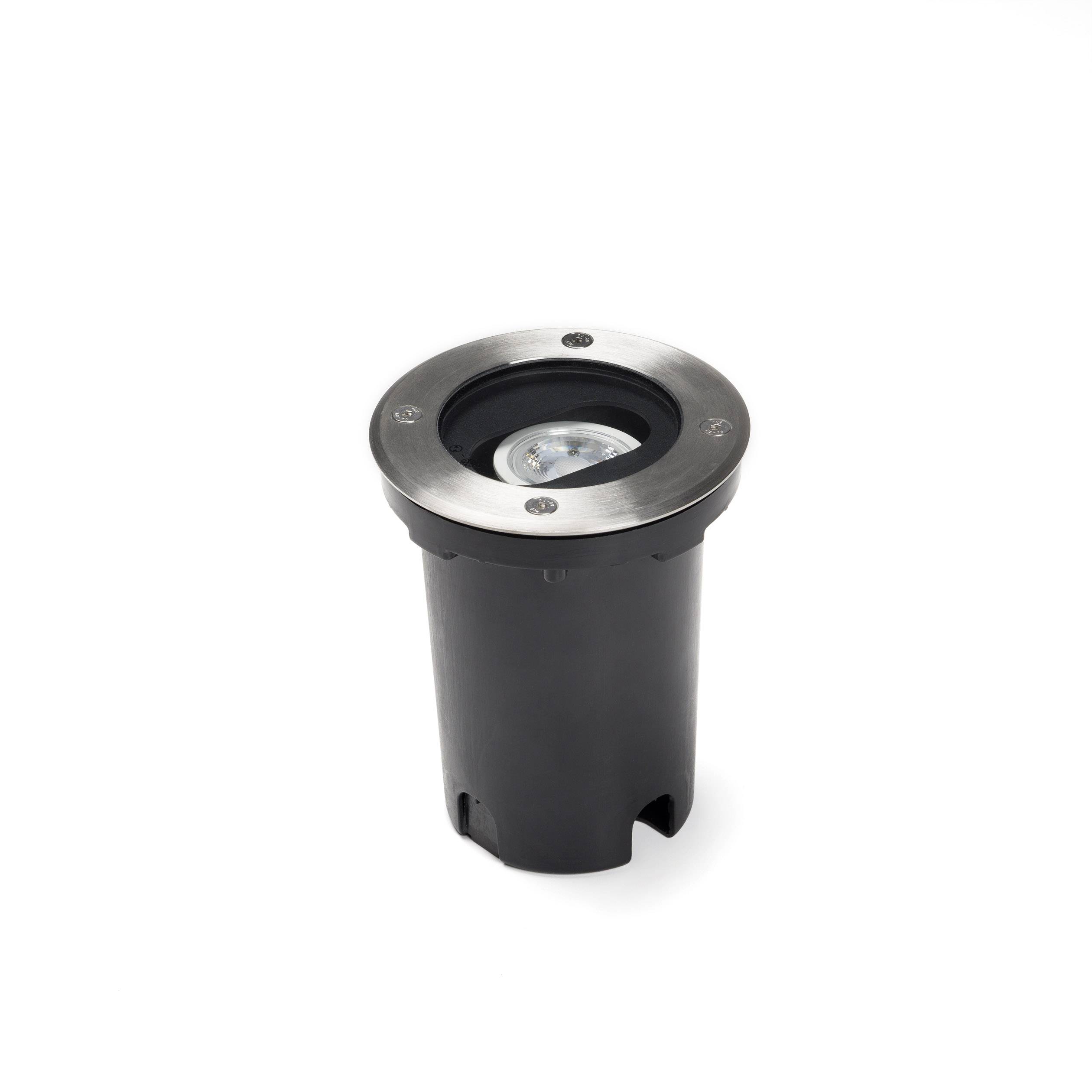Projecteur de sol en métal et plastique ; design circulaire avec ampoule apparente. Adapté pour l'éclairage extérieur.