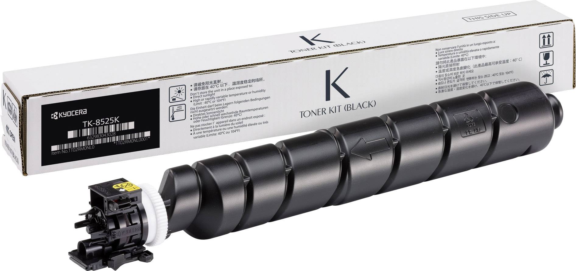 Kit de toner noir Kyocera, modèle TK-8525K, à côté de son emballage. Utilisé dans les imprimantes Kyocera, montrant les marquages et les étiquettes.