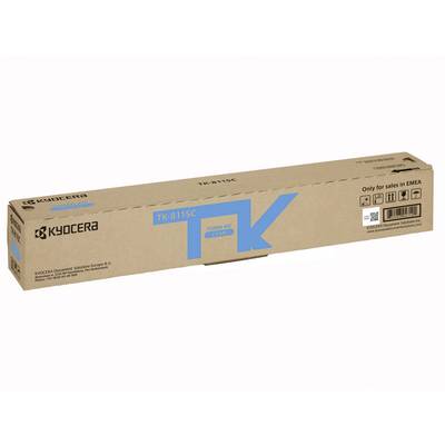 Un emballage en carton brun portant l'inscription 'TK-8115C' et 'Kyocera', contenant un kit de toner pour imprimante, destiné uniquement à la vente en EMEA.