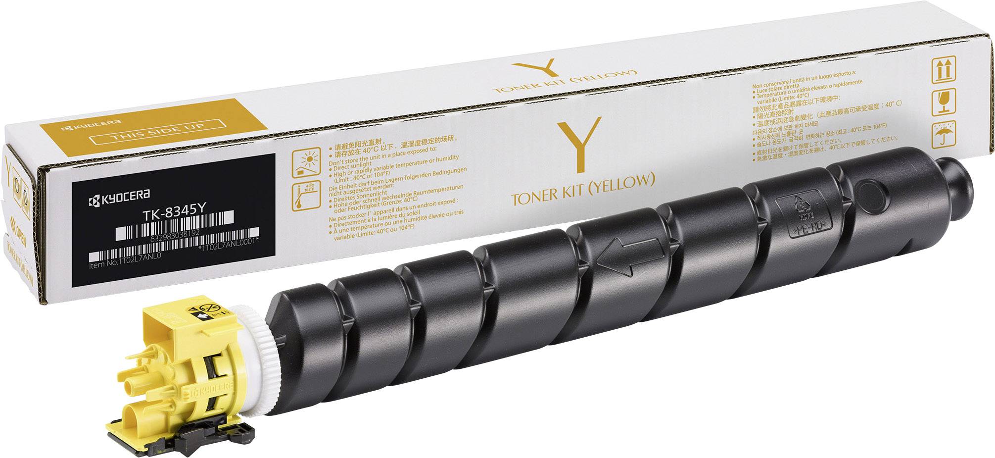 Kit de toner jaune TK-8345Y de Kyocera, composé d'une cartouche noire et d'un emballage blanc avec les détails du produit.