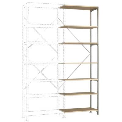 Une étagère métallique haute avec six tablettes en bois, dont le nombre peut être augmenté pour une extension, est représentée.