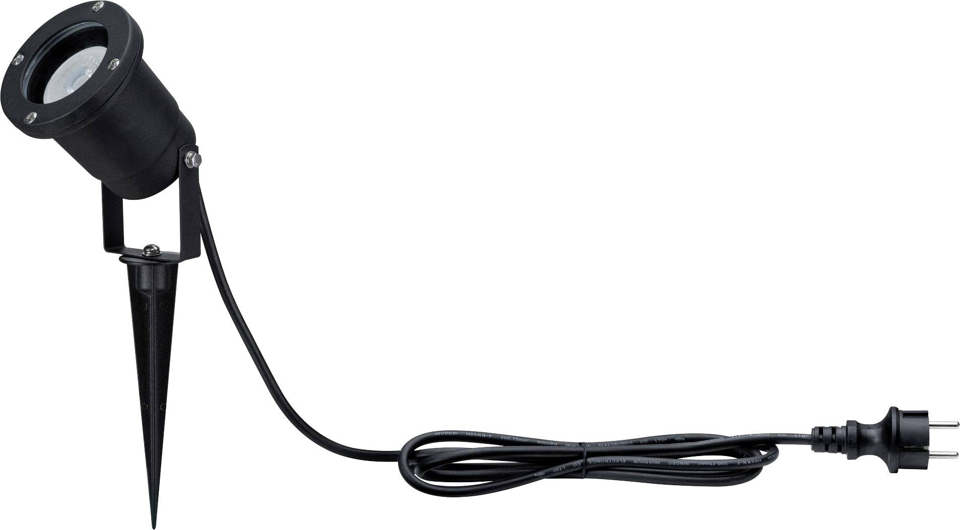 'Projecteur extérieur noir avec pointe de terre et câble secteur, adapté pour l'éclairage des jardins ou des chemins.'