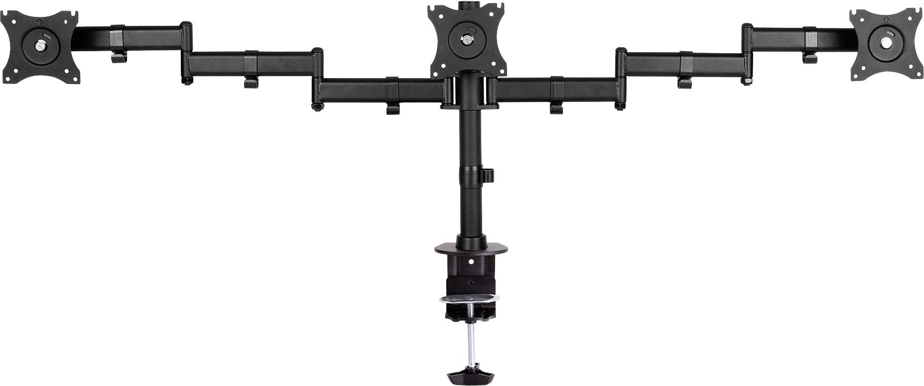 Support de moniteur noir triple avec bras ajustables et fixation par pince pour montage sur bureau. Idéal pour optimiser l'efficacité des écrans.
