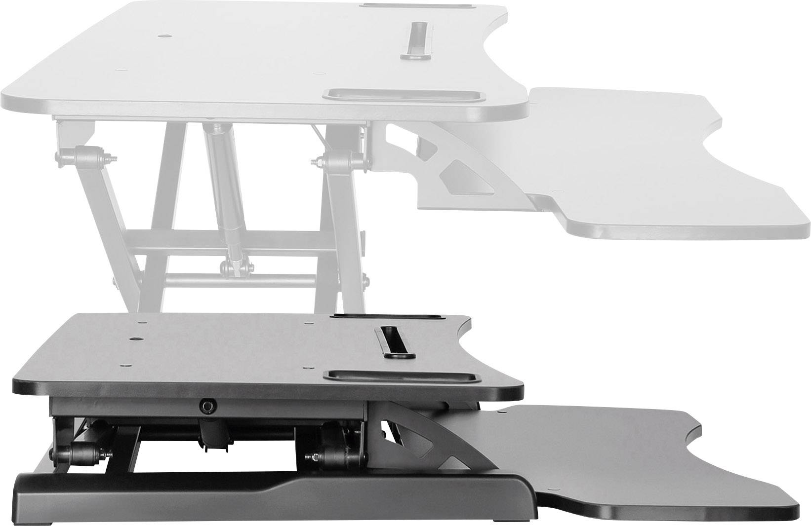 Dispositif de bureau à hauteur réglable montrant deux positions ; permet des postures de travail ergonomiques, en position assise et debout.