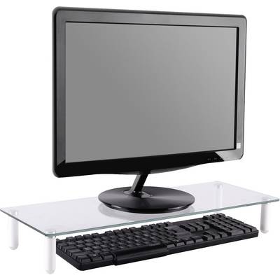 Un écran d'ordinateur noir sur un support de stylos en verre, avec un clavier en dessous. L'écran est éteint.