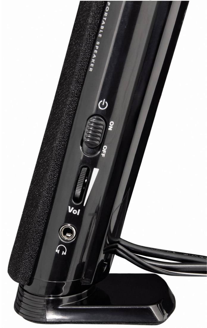 Enceinte portable noire en gros plan, montrant le bouton marche/arrêt et le réglage du volume avec un câble à la base.