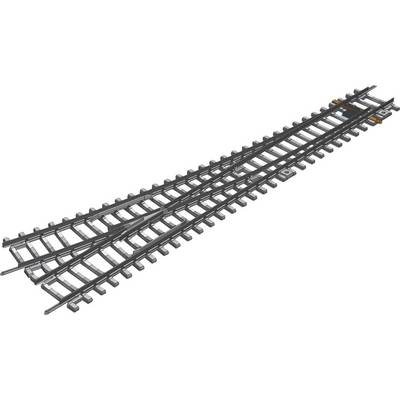 Deux rails de chemin de fer miniature se croisant, avec des aiguillages et des raccordements de voies fixés, dans un dessin détaillé.