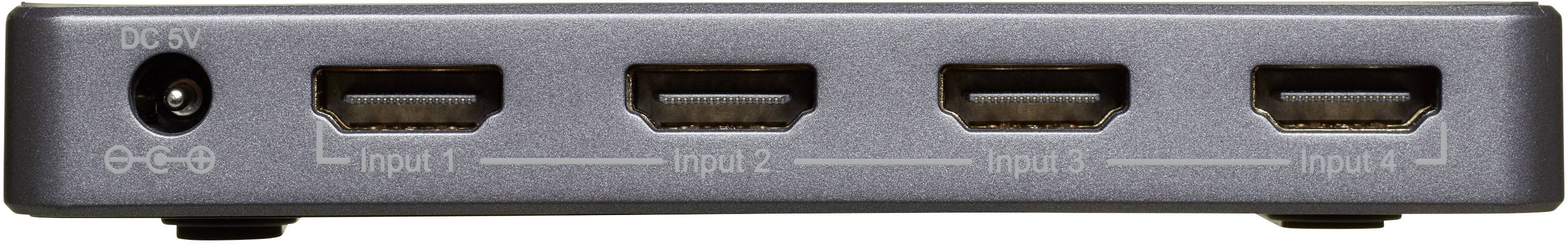 Face avant d'un commutateur HDMI avec quatre ports d'entrée HDMI étiquetés de 'Entrée 1' à 'Entrée 4'.