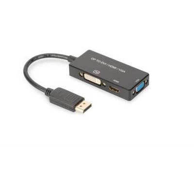 Un adaptateur avec une fiche DisplayPort, connecté à des ports HDMI, DVI et VGA. Il permet de brancher différents types d'écrans.