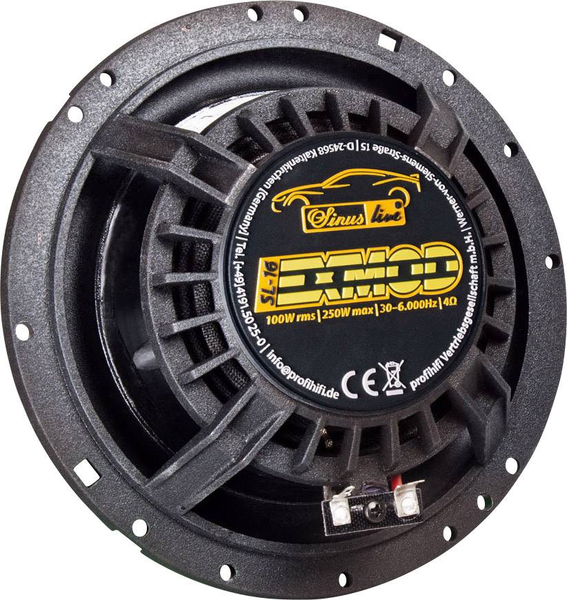 Haut-parleur portant l'inscription 'EXMOD 10W RMS 250W max 30-6.000Hz 4Ω' au dos, design noir avec logo jaune.