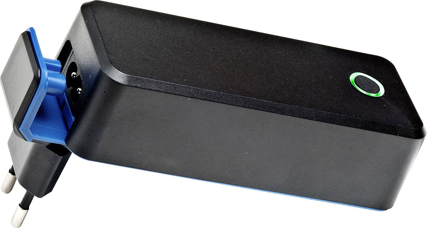 Chargeur noir avec fiche européenne intégrée et anneau lumineux vert, servant à la surveillance de la tension.