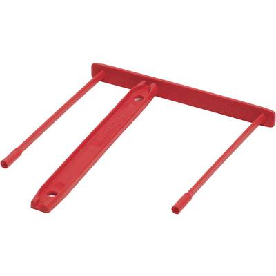 Un fermoir de classeur en plastique rouge à trois volets, utilisé pour maintenir des documents perforés dans des classeurs.