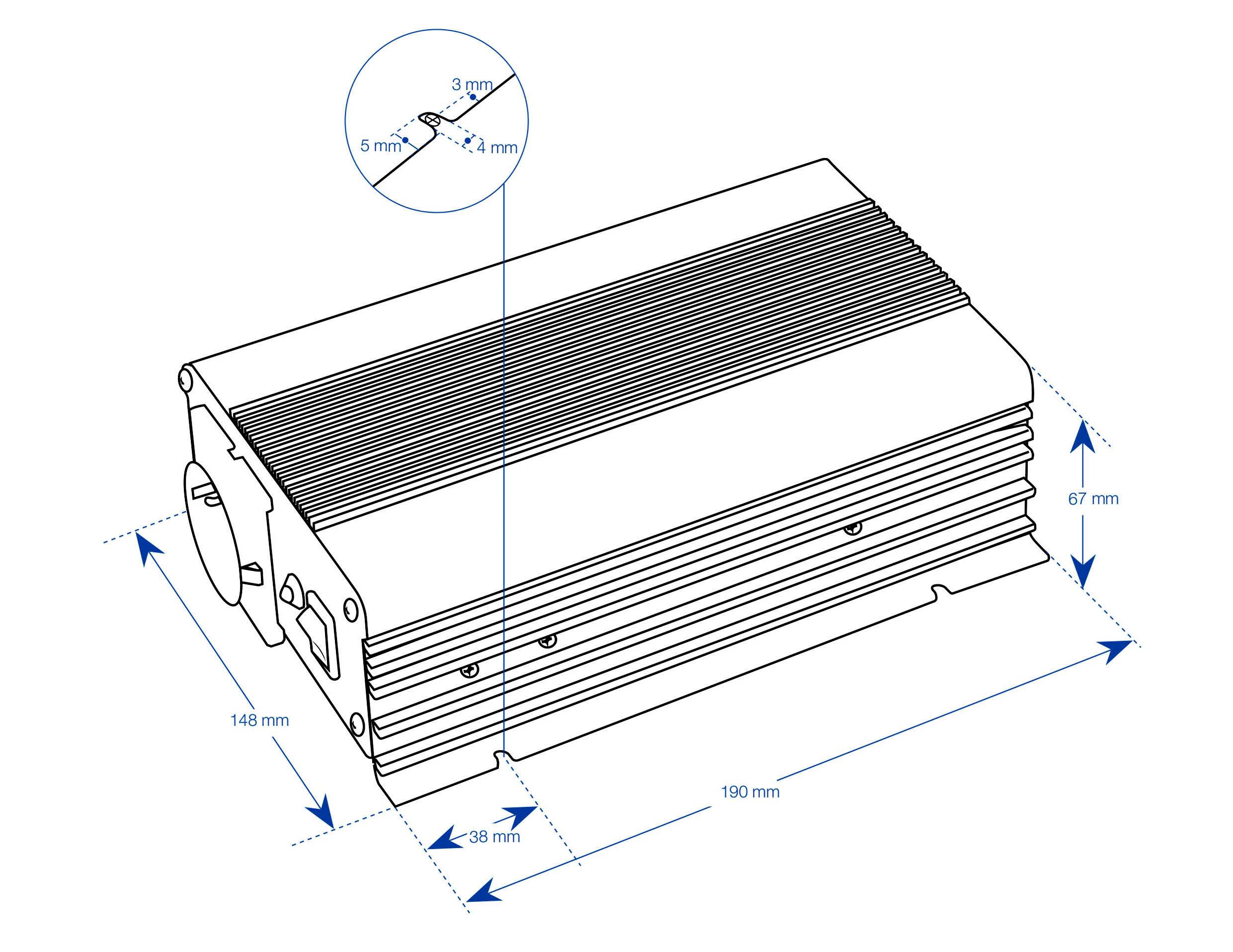 Dessin technique d'un appareil rectangulaire avec dimensions : longueur 190 mm, largeur 148 mm, hauteur 67 mm. Les détails des ailettes de refroidissement et des ouvertures de montage sont représentés.