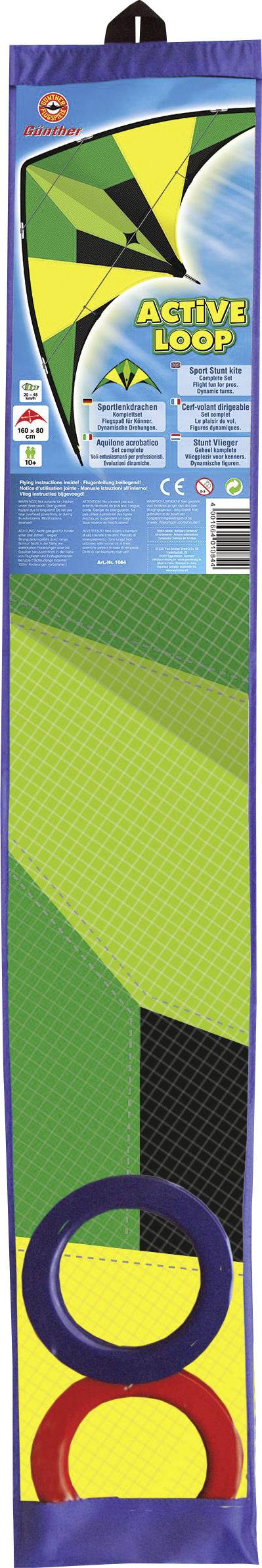 Emballage d'un kit de cerf-volant au design coloré en vert, bleu et jaune. Comprend une ficelle de cerf-volant et deux anneaux. Étiqueté 'Active Loop'. Convient aux enfants à partir de 8 ans.