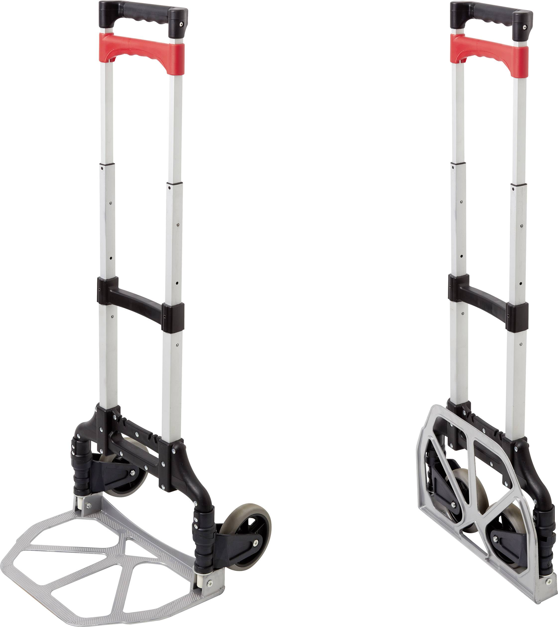 Chariot pliable à deux roues, en métal et en plastique, conçu pour le transport facile d'objets lourds.