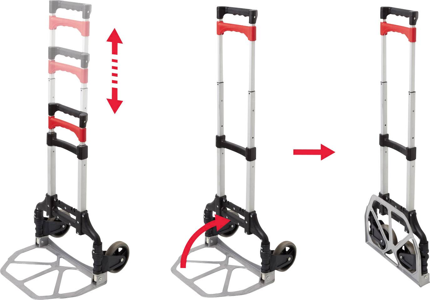 Chariot de transport pliable : rallongé à gauche, poignée centrale rabattable, replié de manière compacte à droite. Idéal pour un transport léger.