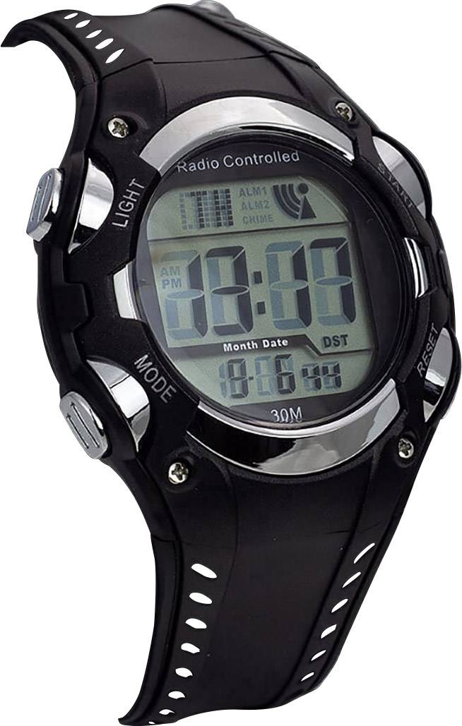 Montre-bracelet électronique à affichage numérique. Affiche l'heure, la date et d'autres fonctions telles que des alarmes multizone.