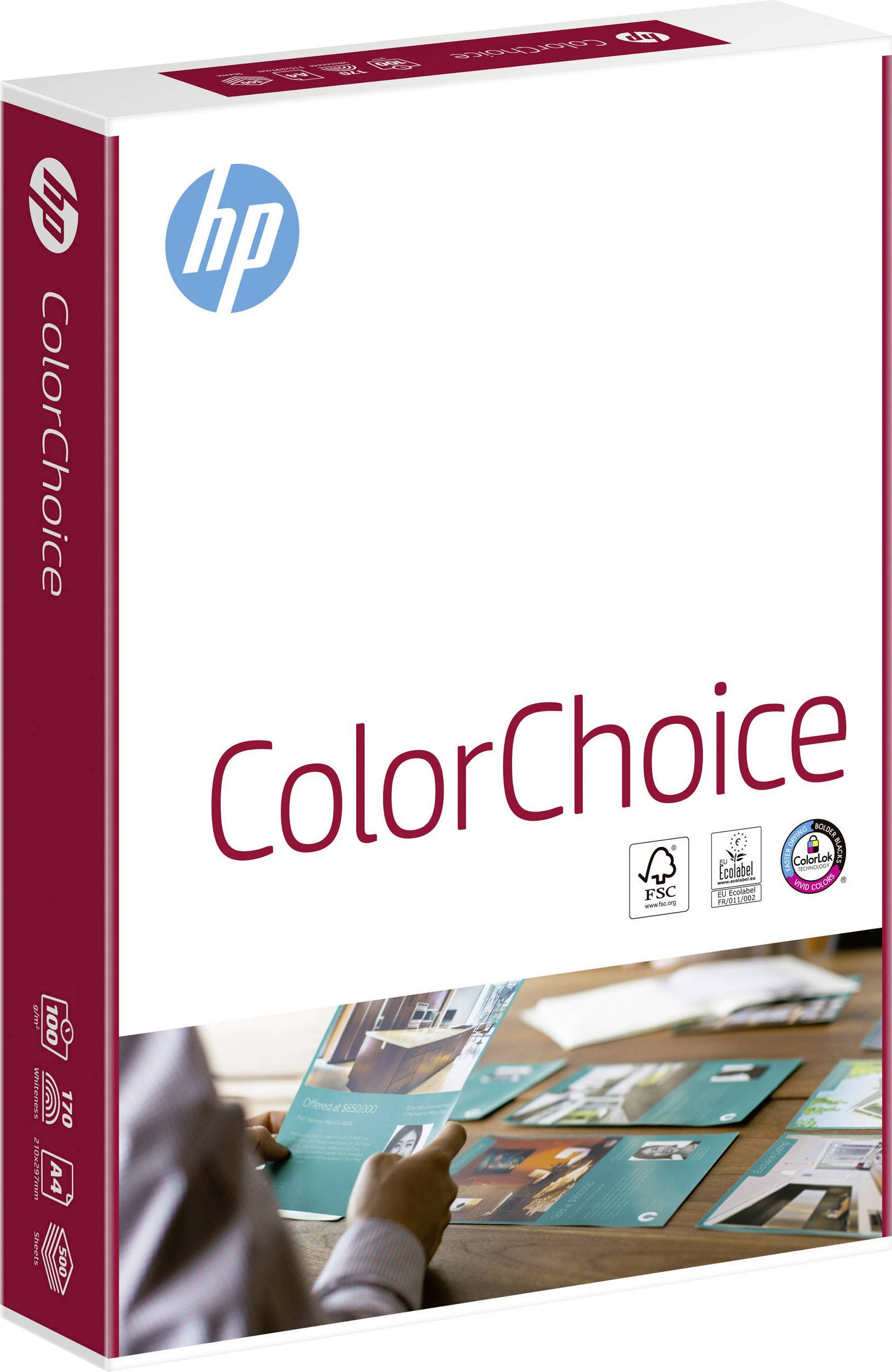 Emballage de papier 'HP ColorChoice' avec logo, texte et symboles. Présente des options d'utilisation et le sceau de certification FSC.