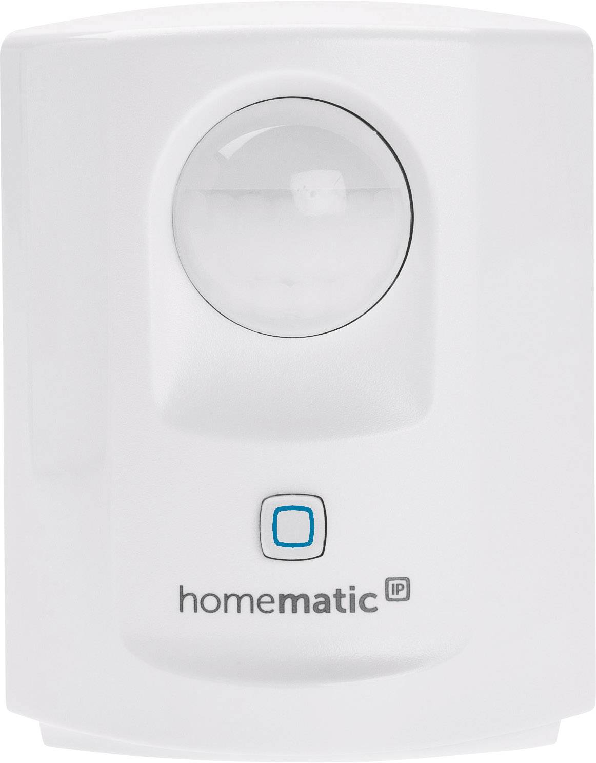 Un détecteur de mouvement blanc avec le logo HomeMatic IP sur l'avant.