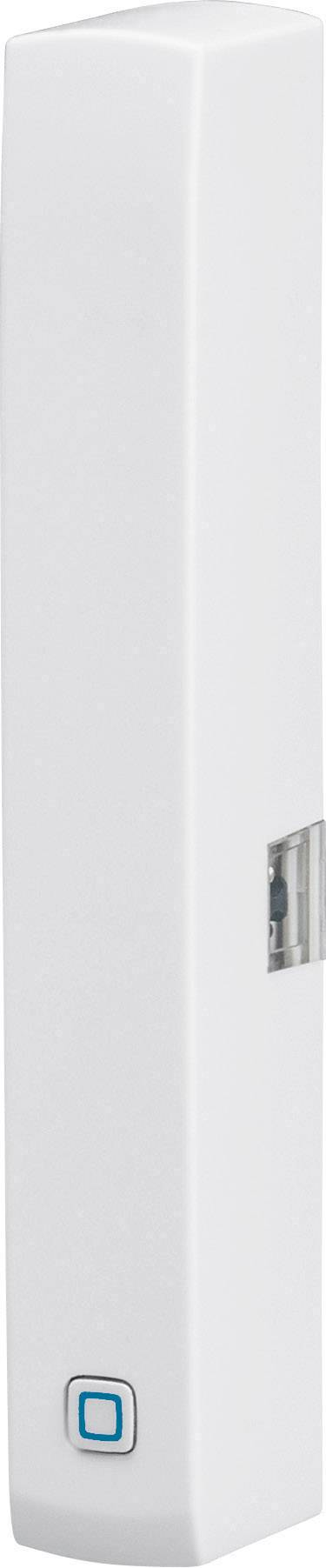 Un capteur blanc rectangulaire avec un petit bouton carré en bas, utilisé pour surveiller les portes ou les fenêtres.