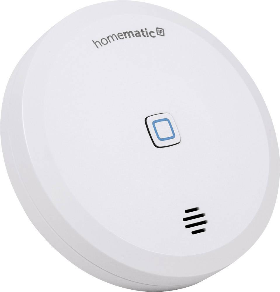 Détecteur de fumée rond, blanc, avec un bouton bleu au centre. En haut est inscrit 'homematic IP'.