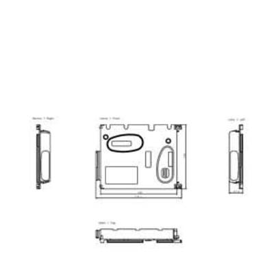 Dessin technique d'un appareil électronique avec vue de dessus, vue latérale et vue de face. Dimensions et composants indiqués.