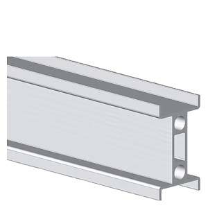 Un diagramme d'un profilé en aluminium avec une vue en coupe transversale en forme de H. Des nervures et des perforations sont visibles.