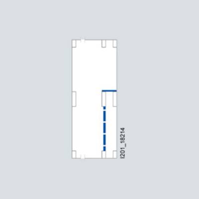 Plan d'une pièce rectangulaire avec des portes et une zone centrale marquée en bleu sur le côté droit.