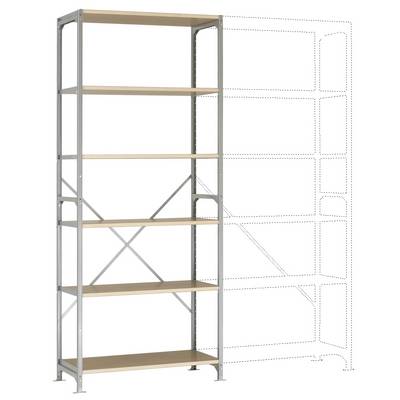 Étagère en métal avec cinq tablettes en bois, adaptée au rangement. Des lignes pointillées à droite indiquent les possibilités d'extension.