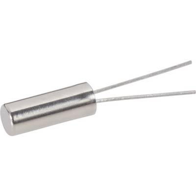 Un oscillateur à quartz cristallin métallique avec deux longs fils de connexion s'étend sur le côté.