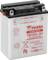 Batterie avec inscription 'YUASA Yumicron YB12AL-A2, 12V 12Ah', affichant un indicateur de niveau de charge. Utilisée dans les motos ou véhicules similaires.