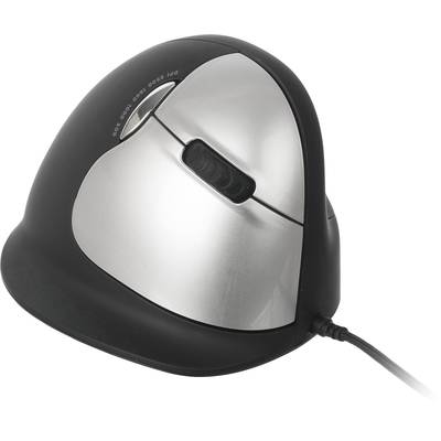 Souris verticale ergonomique au design argent et noir avec câble, idéale pour un travail informatique confortable.