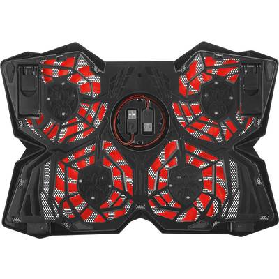 Refroidisseur pour ordinateur portable au design noir distinctif et aux lumières LED rouges. Équipé de quatre ventilateurs et conçu pour un refroidissement maximal.