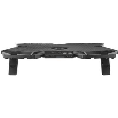 Refroidisseur de portable noir avec surface ventilée, deux ports USB et pieds réglables, vue de face.