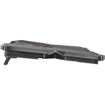 Un refroidisseur de portable noir avec des pieds antidérapants et une surface en grille qui assure une meilleure ventilation.