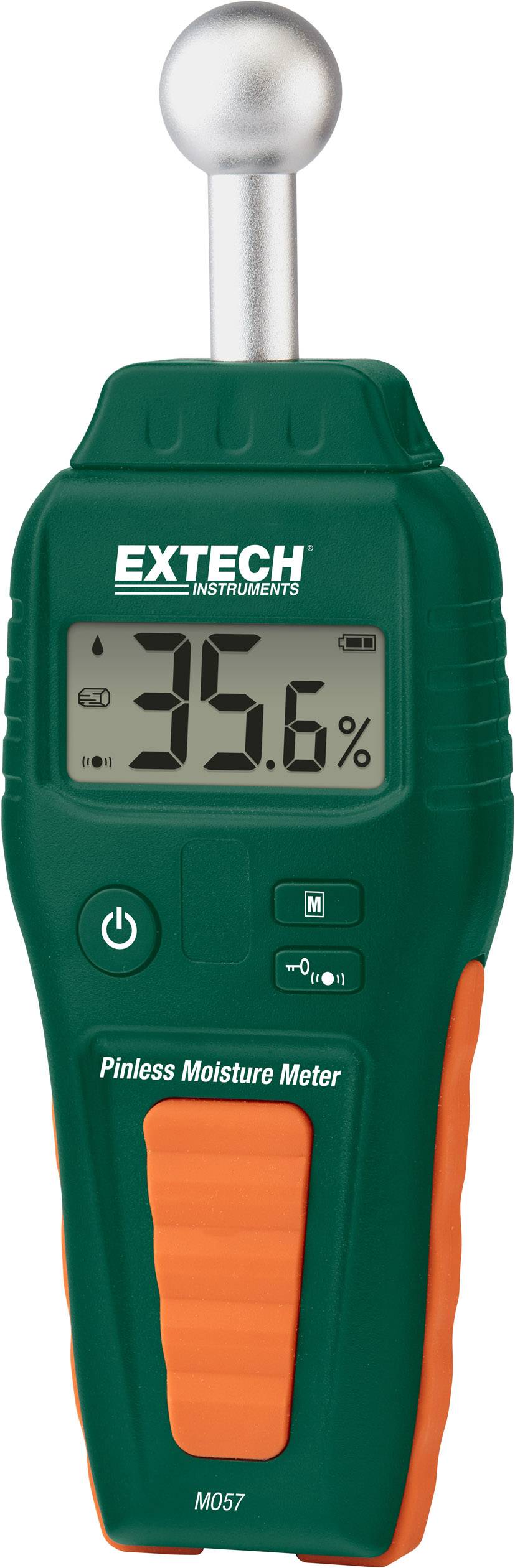 Appareil numérique de mesure d'humidité avec affichage lisible, indiquant '35,6%'. Design compact et portable, principalement destiné aux matériaux bois et de construction.