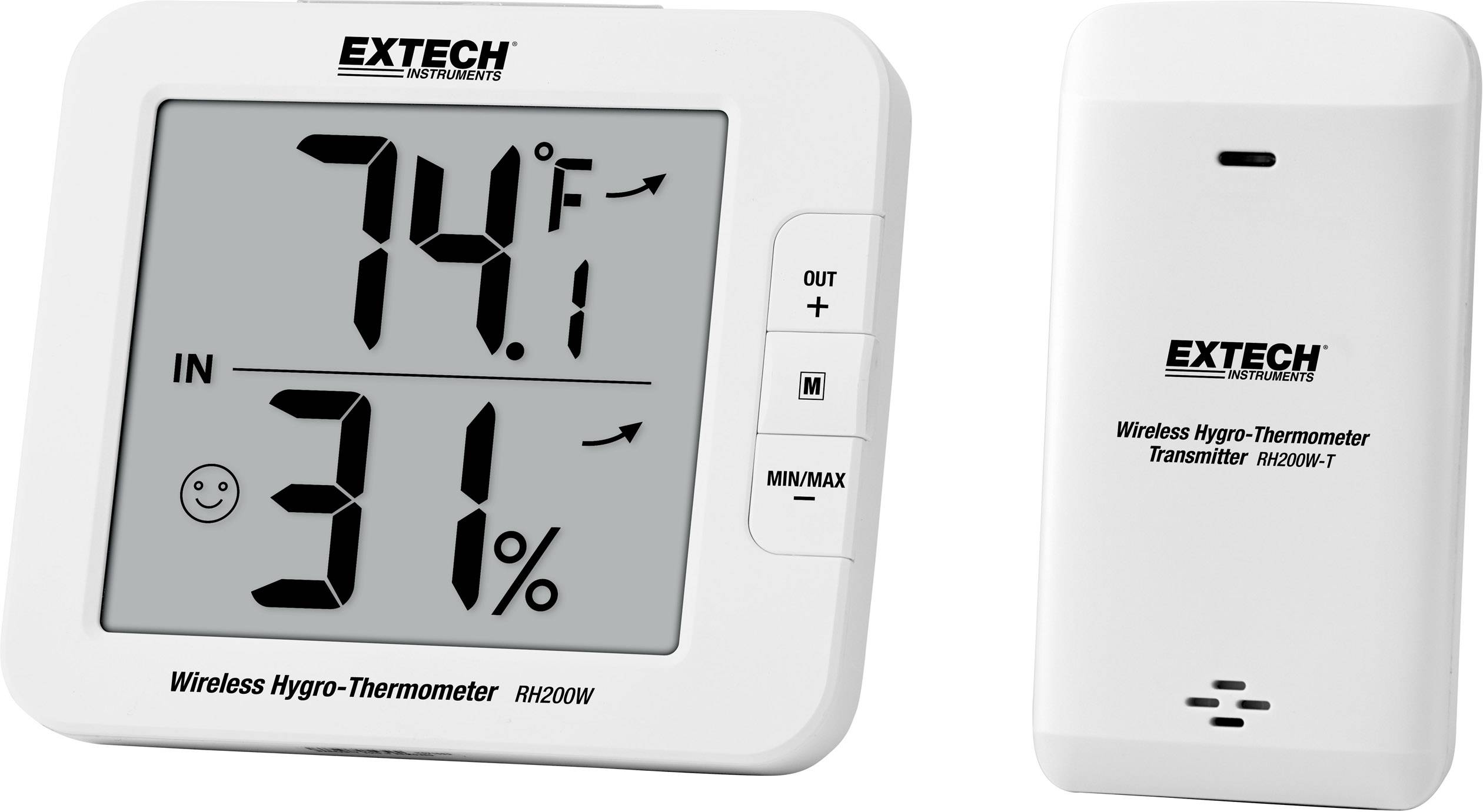 Thermomètre hygro-thermo sans fil affichant 74 °F et 31 % d'humidité. Pictogramme d'un visage souriant en dessous.