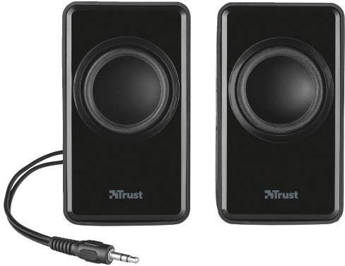 Enceintes noires de Trust au design arrondi, reliées par un câble avec une prise jack de 3,5 mm.
