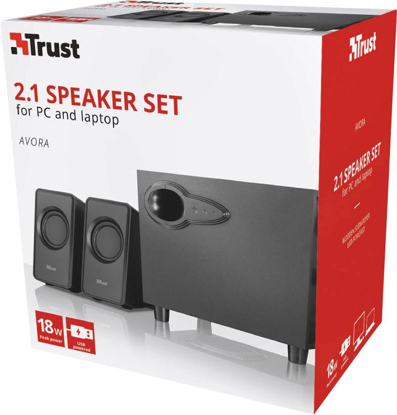 Ensemble d'enceintes Trust 2.1, compatible avec PC et ordinateur portable, comprenant un caisson de basses et deux haut-parleurs. Puissance : 18 watts.