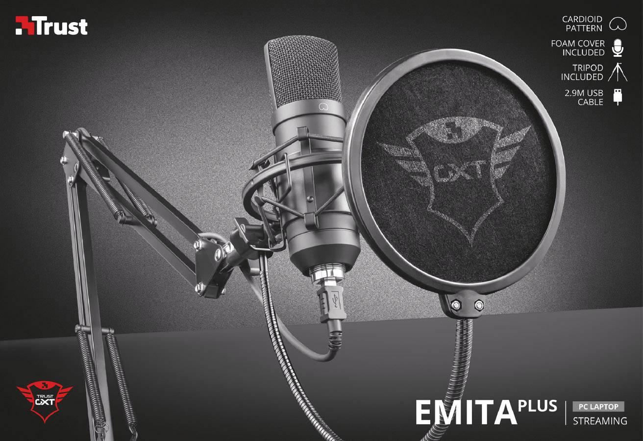 Le 'Trust GXT Microfon Emita Plus' est un microphone à condensateur pour streaming et enregistrement, livré avec un support et un filtre anti-pop, compatible avec PC et ordinateur portable.