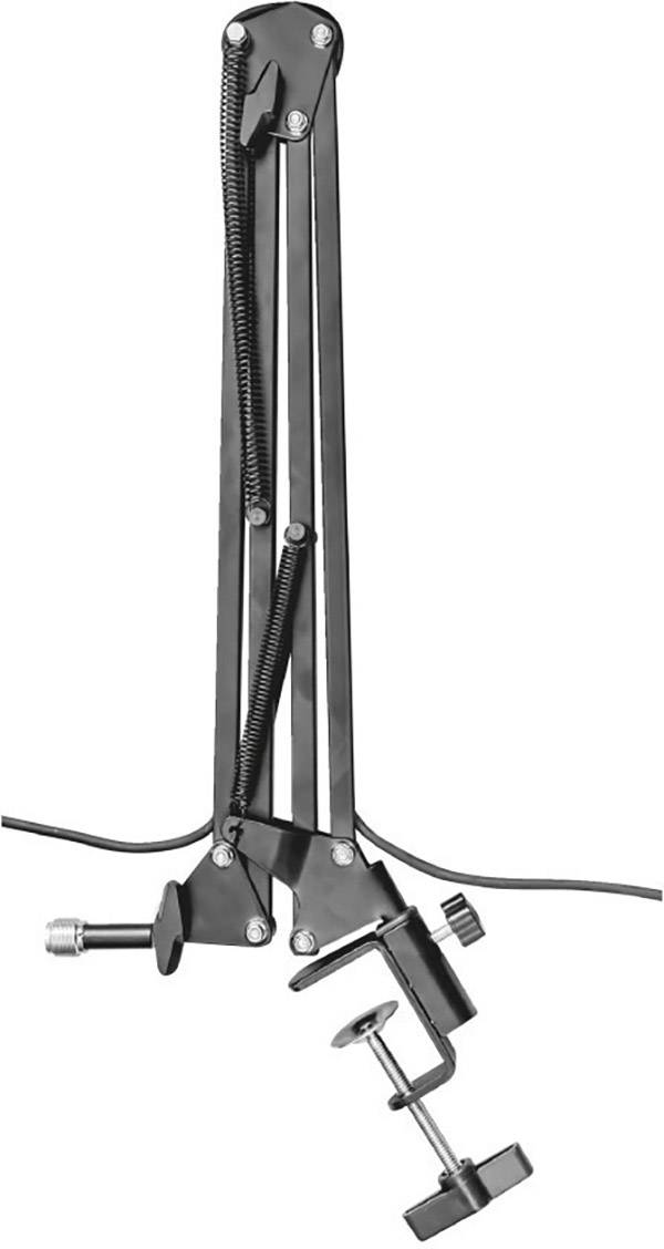 Un bras de microphone noir doté d'un bras pivotant réglable et d'une pince de table pour la fixation.
