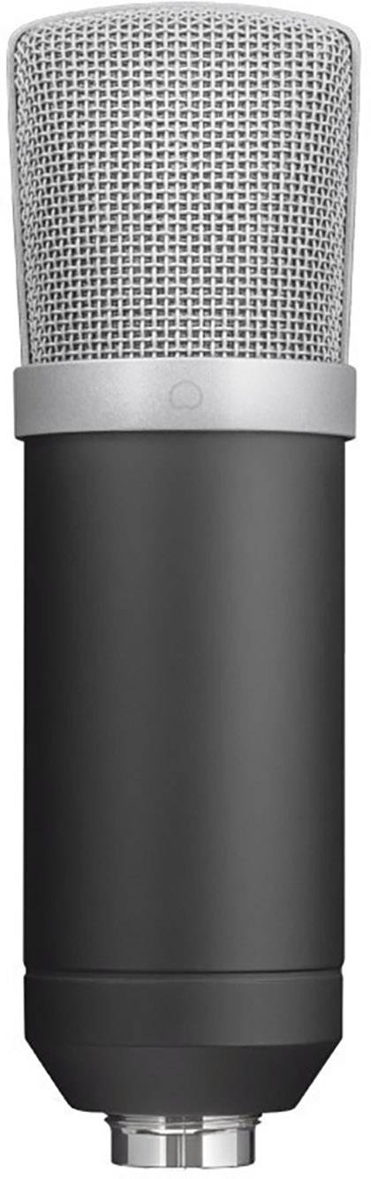 Microphone de studio noir avec grille argentée, disposé verticalement. Essentiel pour les enregistrements audio et le podcasting.