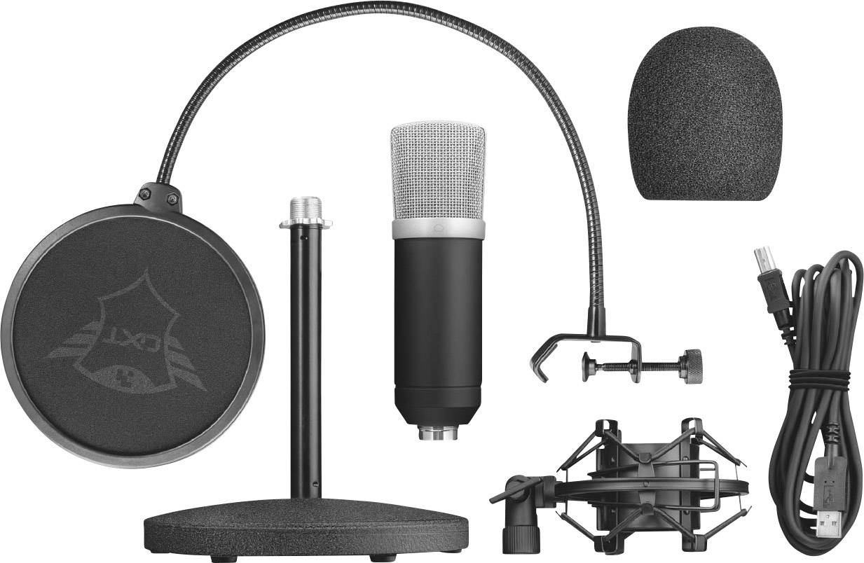 Ensemble microphone avec trépied de table, filtre anti-pop, pare-brise, support et câble. Idéal pour le podcasting et les enregistrements audio.