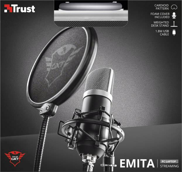 Ensemble microphone avec filtre anti-pop, adapté pour le streaming et le podcasting, comprenant un support de table, un câble USB de 1,8 m, de la marque Trust.